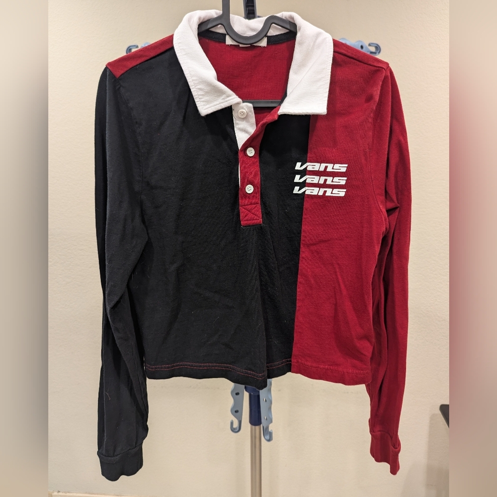 Vans Color Block Cropped Polo Shirt Womens S Red Black